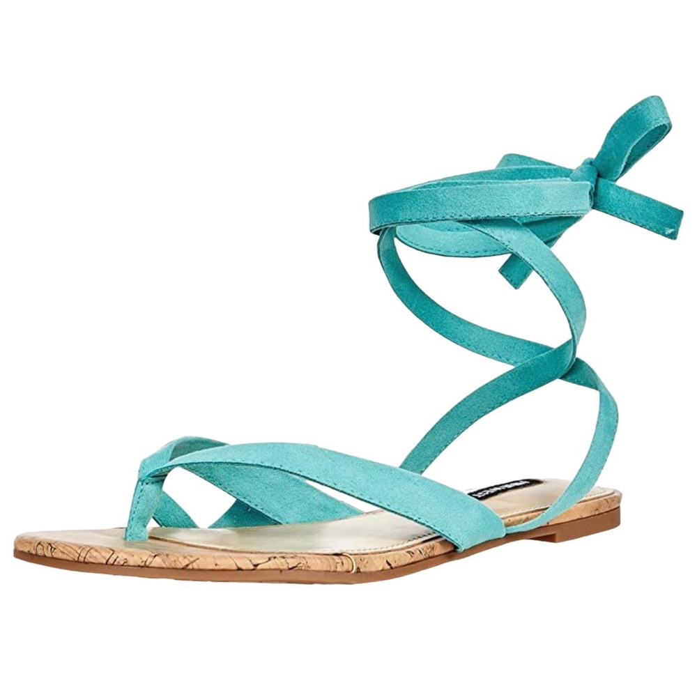 Nine West Tied Up Sandals Faux Suede Aqua Flat Thong Sandal Lace Up Size 8.5